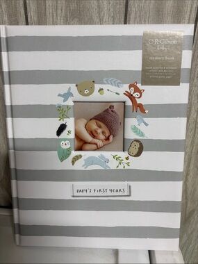 Gibson Gray and White Striped Baby Memory Book with Woodland Animals